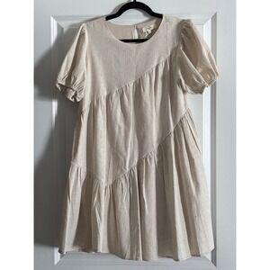 Entro Oatmeal Cotton Linen Tiered Babydoll Dress Puff Sleeve Medium
